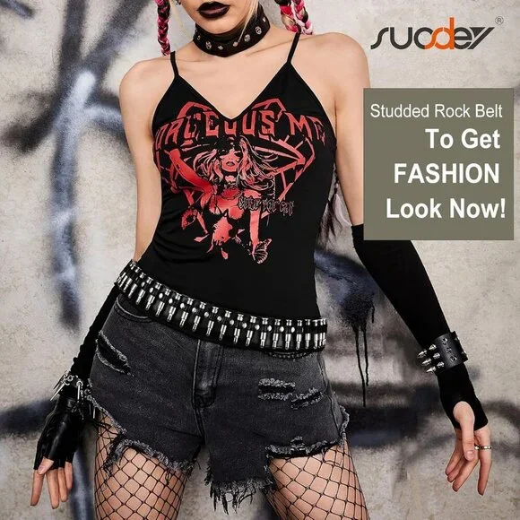 Black Studded Belt Silver Metal Grommet Punk Rock Style for Men Women - Picture 5 of 8